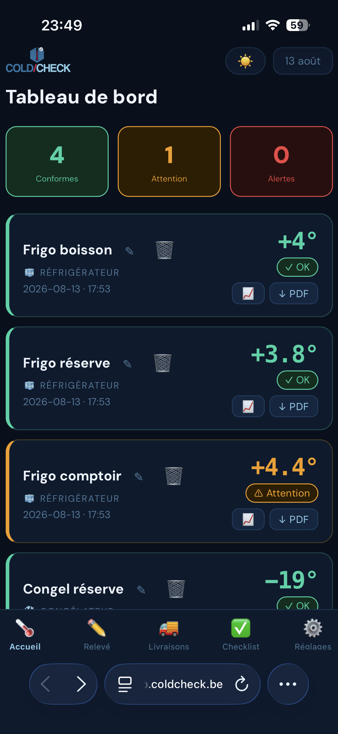 ColdCheck app — tableau de bord